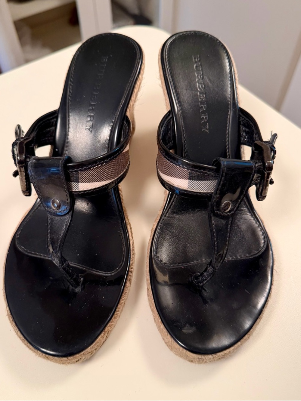 Burberry Wedge Sandals |Black Patent Leather Nova Check Strap Espadrille Size 8